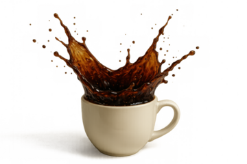 Coffee splashing out of a light-colored ceramic mug, forming a dynamic crown shape. Transparent background