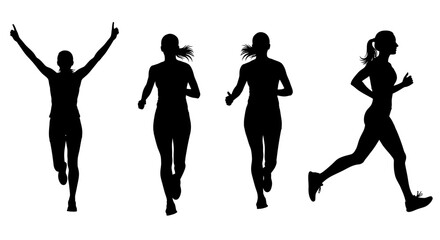 Female runners in various poses, Running and winning moment, Marathon training
