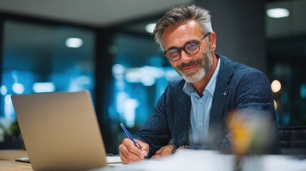 happy mature executive ceo manager using laptop writing notes in notebook at workplace smiling middle aged business man working in office analyzing financial data doing research no logos no brands ar