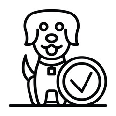 A simple cartoon dog stands next to a circle with a check mark inside