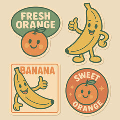 Fruit stickers with cheerful orange and banana characters for children