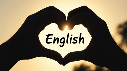 Obraz premium Hands form heart shape with 'English' text glowing in sunset light, symbol of love for language