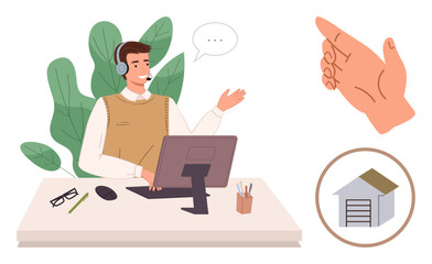 Male agent with headset gestures during client interaction at desk with speech bubble, pointing hand, and home icon. Ideal for communication, support, service, remote work, teamwork, consultation