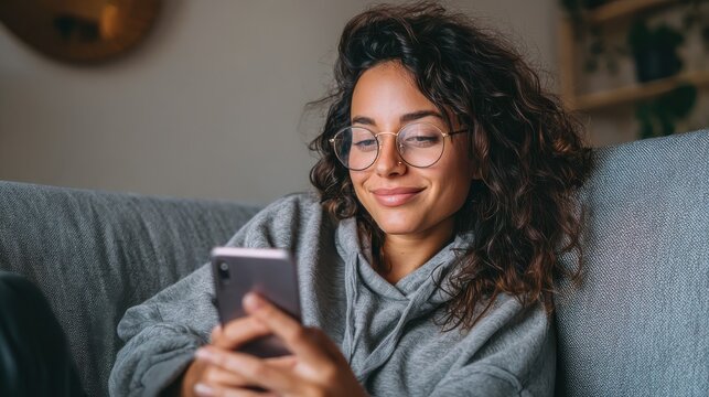 happy 20s young woman watching social media videos looking at smartphone relaxing on couch smiling hispanic girl enjoying using online mobile apps doing online shopping on cell phone at home no logos - Powered by Adobe