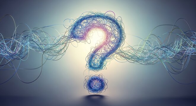 Abstract Glowing Question Mark Made of Light Trails and Energy Flowing Upwards on a Dark Background - Conceptual Image for Inquiry Doubt or Mystery