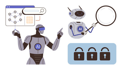 Robots with AI performing tasks thumbs up data analysis, search, and cybersecurity. Ideal for innovation, future technology, machine learning, artificial intelligence, data security, research