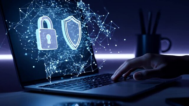 Hand interacting with a laptop displaying digital security icons at night - Powered by Adobe