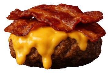 Beef patty with melted cheddar cheese and crispy bacon strips, isolated on transparent background, fast food concept