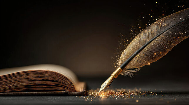Feather Quill Pen Writing in Open Book with Magical Dust.