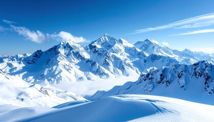 White snowy winter landscape of high alpine mountains under a cold sky