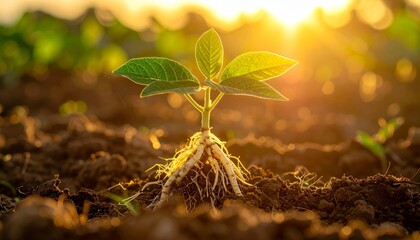 Close Up Captivating Young Soy Sprout Plant with Detailed Root System