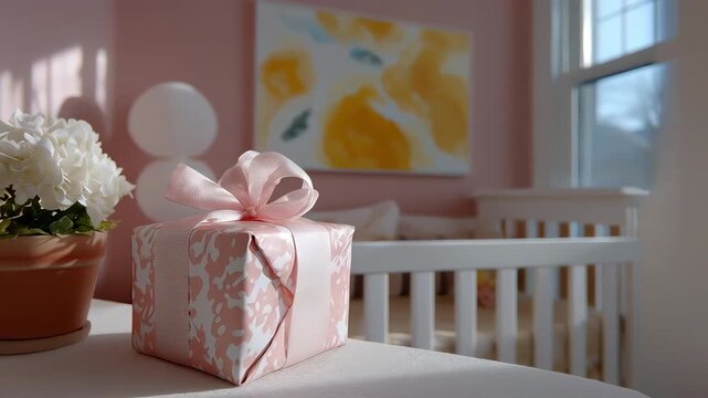 A pink gift box with satin ribbon and floral wrap in pastel pink nursery, baby room sunlight on white crib and potted flower, soft light celebration surprise decor, delicate bow and cozy feminine v