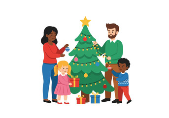 A family of four is decorating a Christmas tree with ornaments and gifts