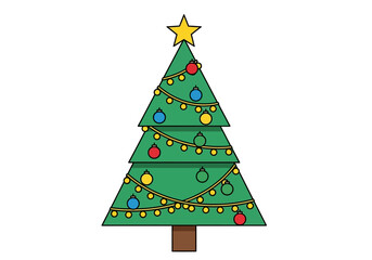 A green Christmas tree with a yellow star ornaments and lights