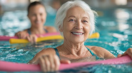 smiling senior woman doing aqua fitness with swim noodles happy mature healthy woman taking fitness classes in aqua aerobics healthy old woman holding swim noodles doing aqua gym with young trainer n