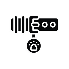 Black and white rendering of a dog collar with paw print tag