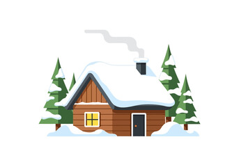A wood cabin with snowcovered roof and pine trees