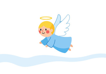 Cartoon angel with wings  halo flies above light blue ground