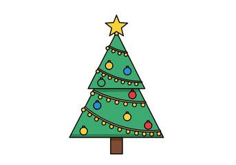 Cartoon Christmas tree with gold star lights and ornaments