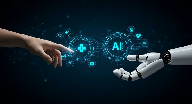 Human Hand Touching AI Medical Technology Icons with Network Connections artificial intelligence healthcare