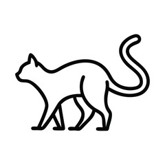 Black outline illustration of a cat walking left It has a curved tail and pointy ears