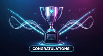 A shiny silver trophy with blue neon lights and a congratulations message at the bottom. Shiny silver trophy with blue neon lights and congratulations sign award celebration