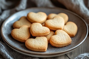 Obraz premium Heart Shaped Butter Cookies, concept of World Kindness Day, Homemade Shortbread Biscuits on Ceramic Plate, Rustic Kitchen Table Setting