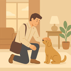 Man petting dog indoors warm cozy scene