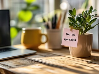 ou Are Appreciated Note, Concept of World Kindness Day, Gratitude and Positive Workplace Message, Potted Plant on Wooden Desk, Natural Light