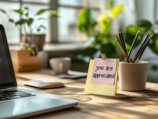 ou Are Appreciated Note, Concept of World Kindness Day, Gratitude and Positive Workplace Message, Potted Plant on Wooden Desk, Natural Light