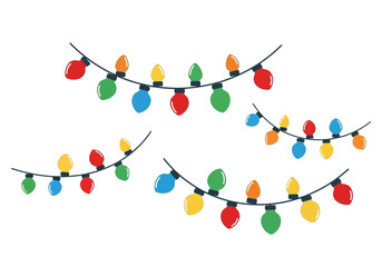 Festive strings of colorful Christmas lights arranged in wavy lines on a white background