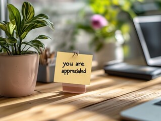 ou Are Appreciated Note, Concept of World Kindness Day, Gratitude and Positive Workplace Message, Potted Plant on Wooden Desk, Natural Light