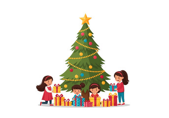 Four girls with presents surround a Christmas tree decorated with ornaments and topped with a star