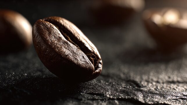 stimulant. A macro shot of roasted coffee beans with textured details on a dark slate background. bar promotions, beverage menus, designed for product packaging and bar promotions.
