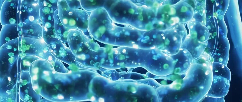 Cinematic slow motion 3D render of glowing probiotics. Beneficial bacteria moving in the intestine. Concept of gut health, microbiome, and digestion.