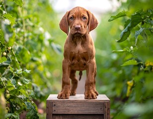 Puppy on wooden box, greenhouse setting