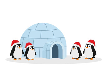 Penguins wearing Santa hats stand near an igloo made of ice blocks