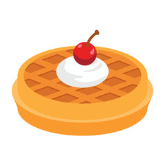Sweet Waffle with Whipped Cream and Cherry Illustration