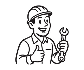 Cartoon handyman giving thumbs up with wrench in hand, ready to fix anything you need with a smile and positive attitude, great for service ads