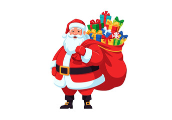 Santa Claus smiles holding a big red sack overflowing with colorful presents