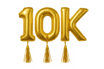 Gold 10k foil balloons celebrating ten thousand milestone, followers, subscribers, social media, achievement on transparent background