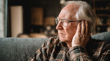 side view of senior man with symptom of hearing loss mature man sitting on couch with fingers near ear suffering pain no logos no brands ar 169