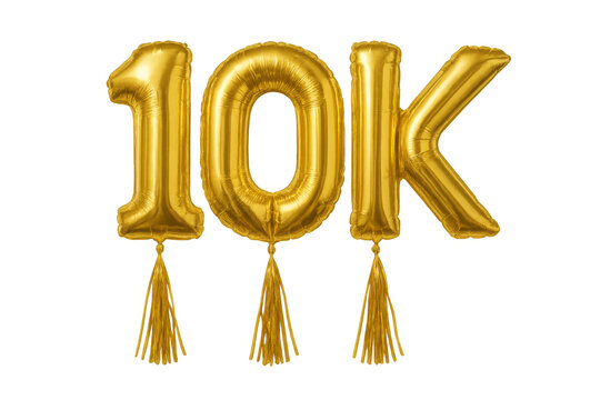 Gold 10k foil balloons celebrating ten thousand milestone, followers, subscribers, social media, achievement on transparent background - Powered by Adobe
