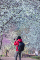 Man travel  hiker adventure on mountain nature landscape.  Asia people lifestyle tourist and camping outdoors for relax summer time