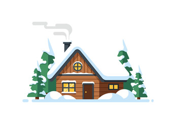 Snowcovered wooden cabin nestled between two pine trees emitting smoke from its chimney