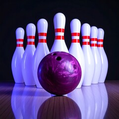 Purple bowling ball in front of ten white pins