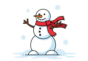 Snowman with red scarf carrot nose and stick arms stands amidst falling snowflakes