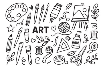 Stylish monochrome vector background showing artistic tools, paint splashes, and handmade craft icons, symbolizing imagination, creativity, and dedication in visual art.
