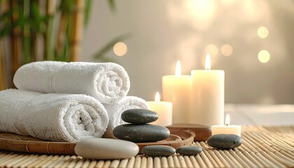 Serene Spa Setting with Stacked White Rolled Towels Smooth Stones and Lit Candles on Bamboo Mat with Soft Bokeh Lights and Bamboo Stalks