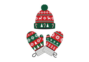 Winter hat and mittens in holiday colors  motifs reindeer snowflakes trees candy canes